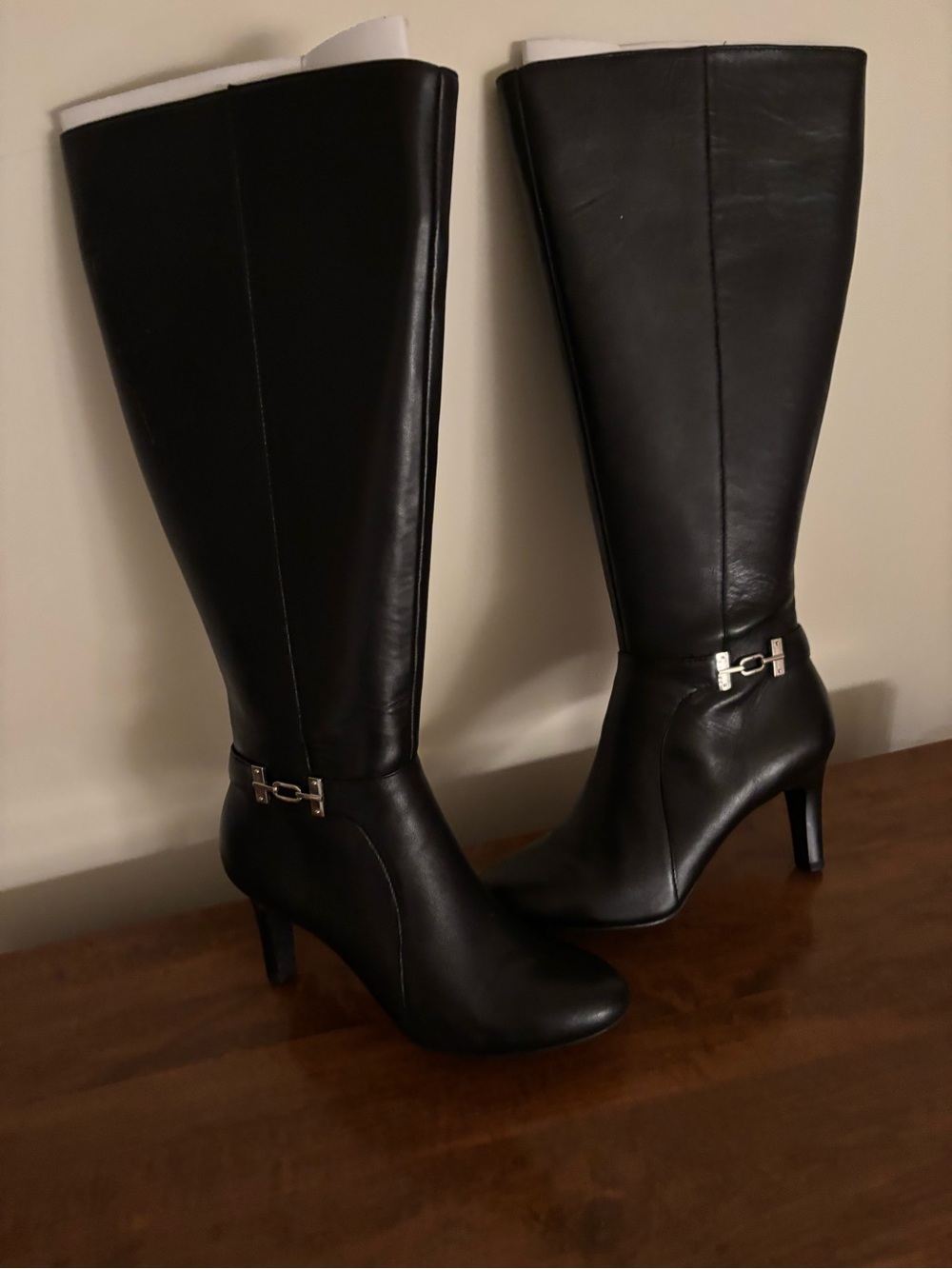Bandolino Black Leather Knee-High Heeled Boots with Silver Buckle